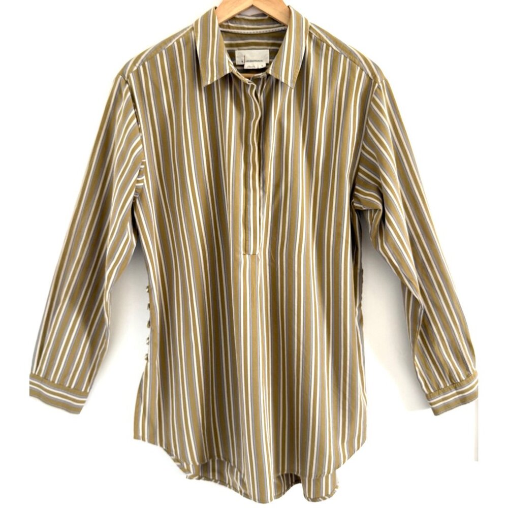 Anthropologie Khaki Gray Striped Cotton Popover Shirt M Side Button Detail Chic‎
